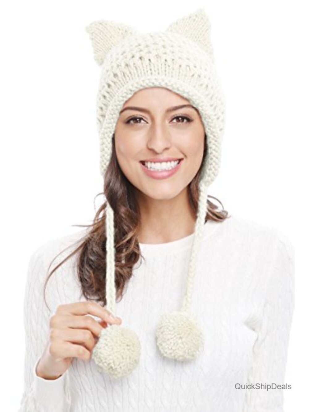 Womens Knit Beanie Hat with Cat Ears Earflap Crochet Winter Hat Pom Poms